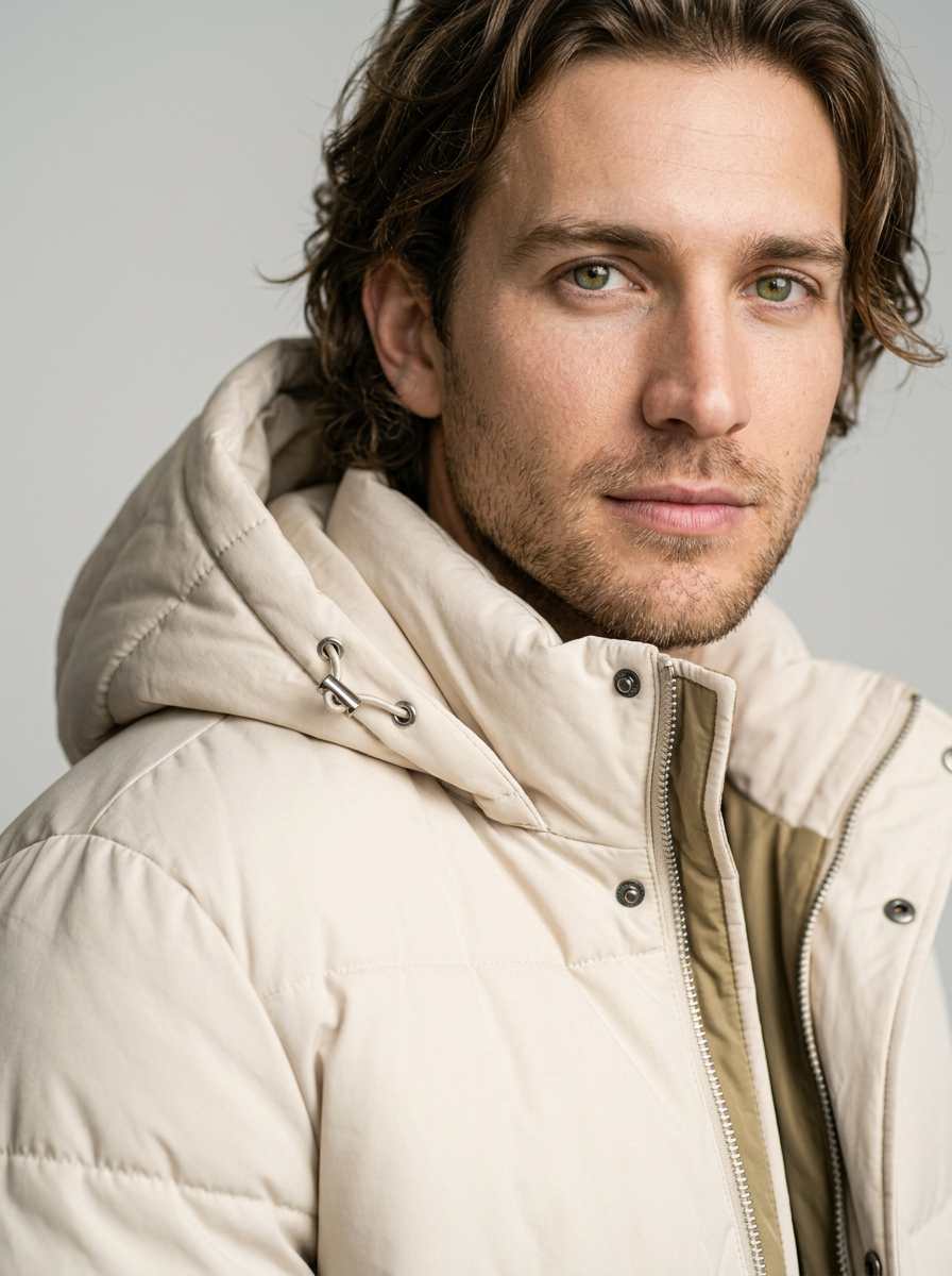 Men's Quilted Puffer Jacket with Detachable Hood in Beige – detail view