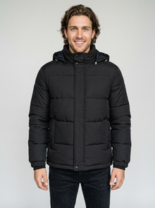 Men's Quilted Puffer Jacket with Detachable Hood in Black