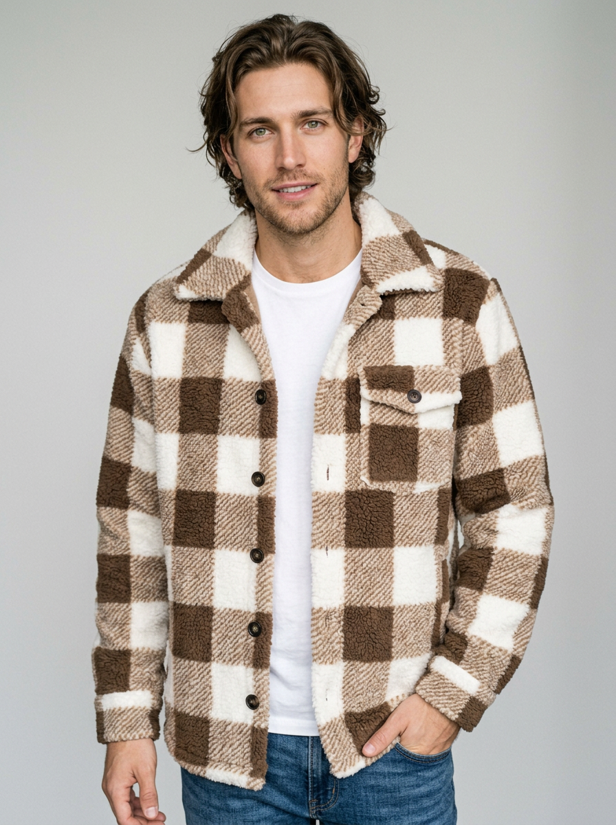 Men's Faux Fur Plush Jacket in Coffee – front view
