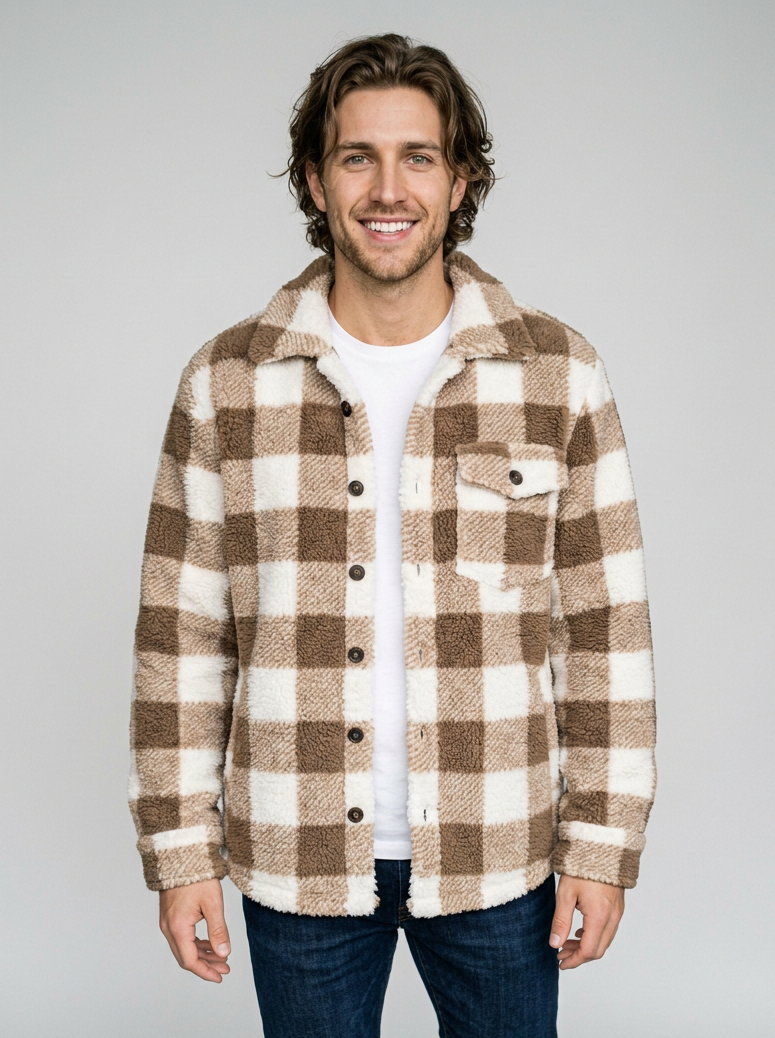 Men's Faux Fur Plush Jacket in Coffee – front view