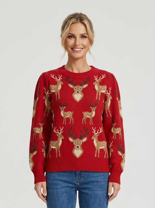 Women's Deer Jacquard Christmas Jumper in Red – front view