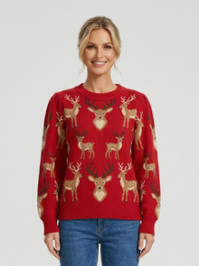 Women's Deer Jacquard Christmas Jumper in Red – front view