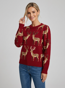 Women's Deer Jacquard Christmas Jumper in Red – three-quarter view
