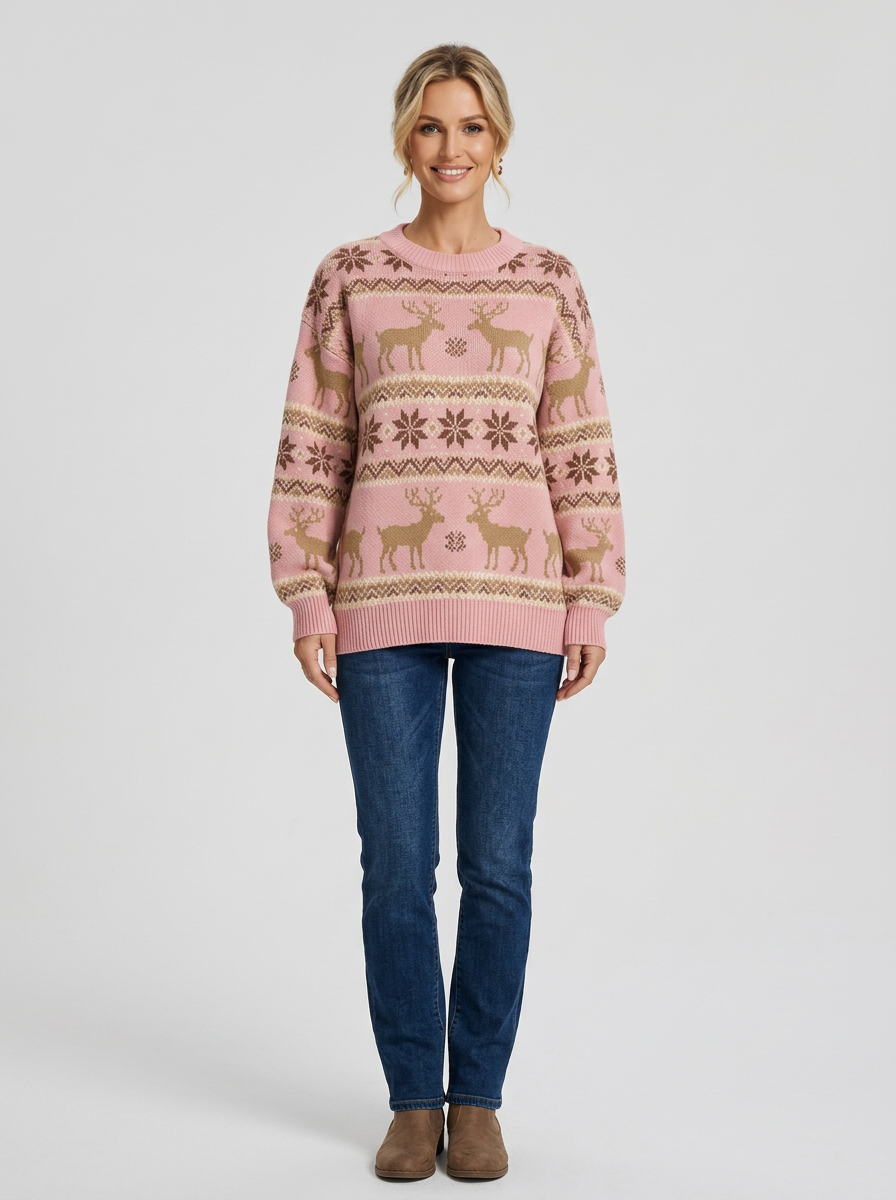 Women's Deer Jacquard Christmas Jumper in Pink