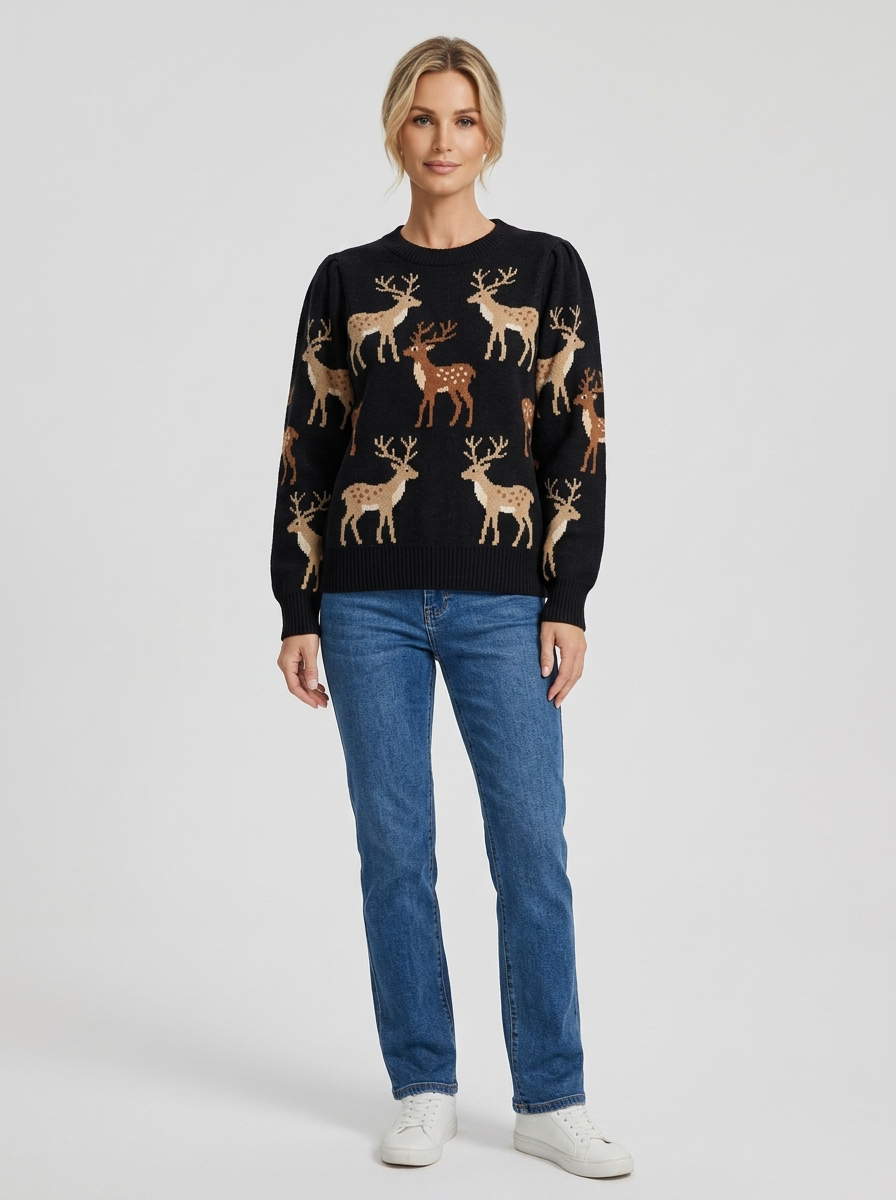 Women's Deer Jacquard Christmas Jumper in Black