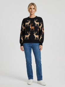 Women's Deer Jacquard Christmas Jumper in Black