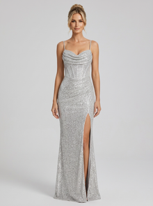 Women's Sweetheart Sequin Maxi Dress in Silver