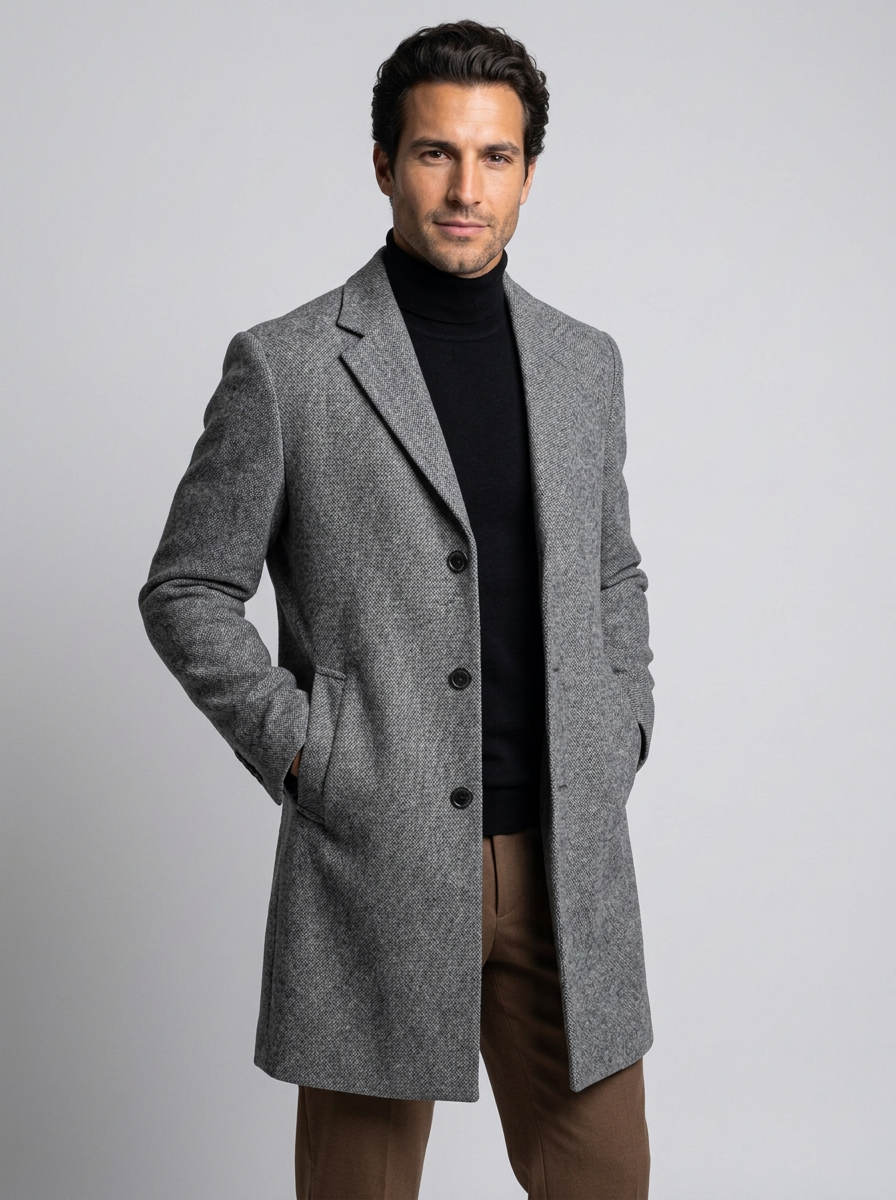 Men's Single Breasted Wool Blend Overcoat in Dark Grey – front view