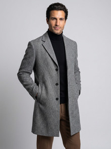 Men's Single Breasted Wool Blend Overcoat in Dark Grey – three-quarter view