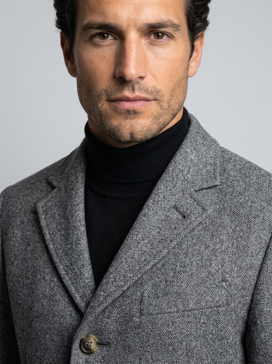 Men's Single Breasted Wool Blend Overcoat in Dark Grey – detail view