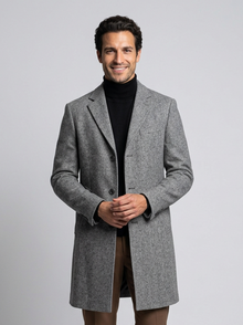 Men's Single Breasted Wool Blend Overcoat in Dark Grey – front view