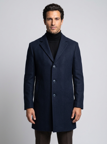 Men's Single Breasted Wool Blend Overcoat in Navy Blue