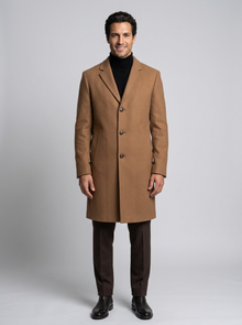 Men's Single Breasted Wool Blend Overcoat in Brown