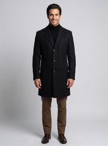 Men's Single Breasted Wool Blend Overcoat in Black