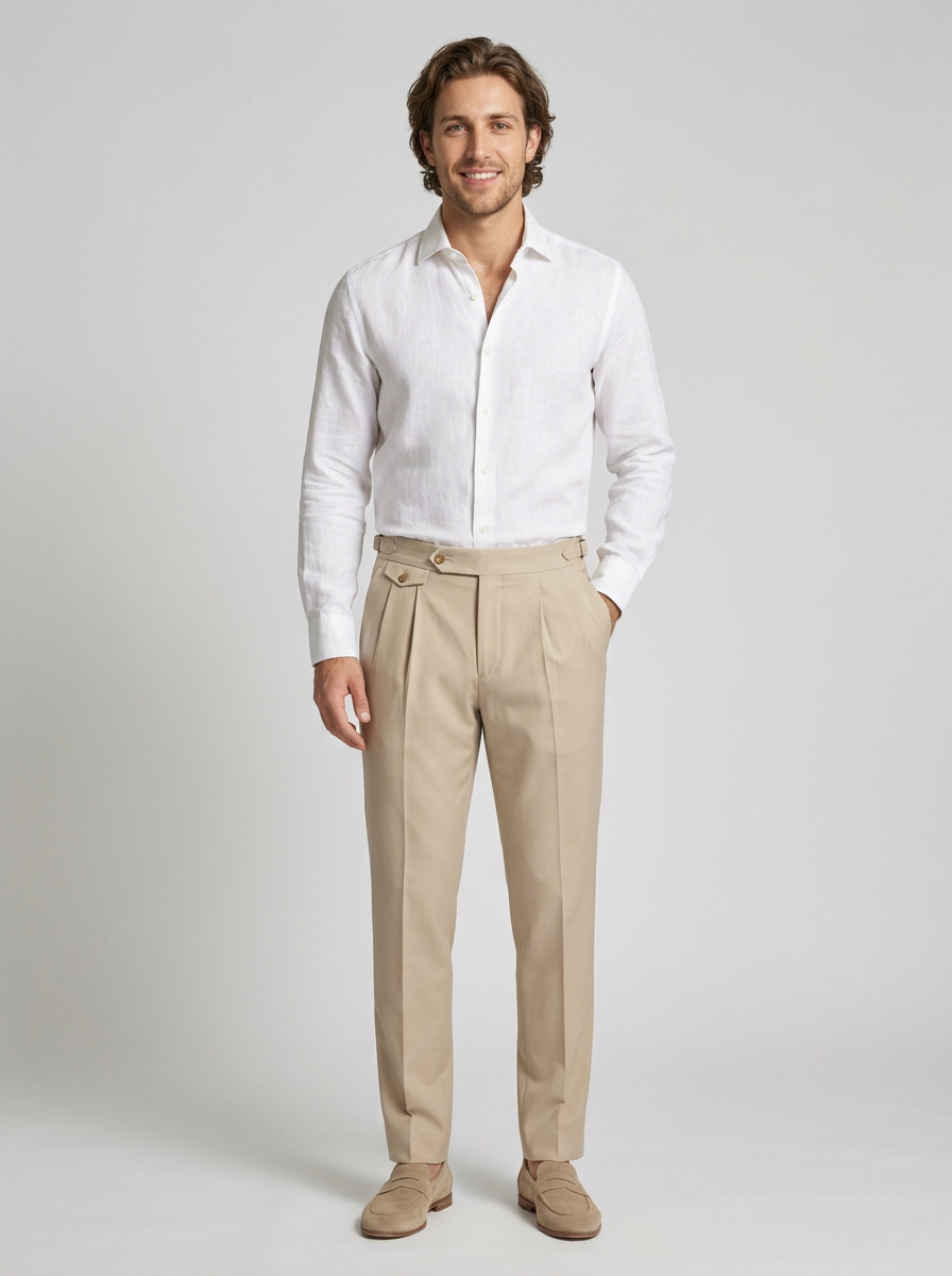 Men's Tailored Pleated Smart Trousers in Beige – detail view