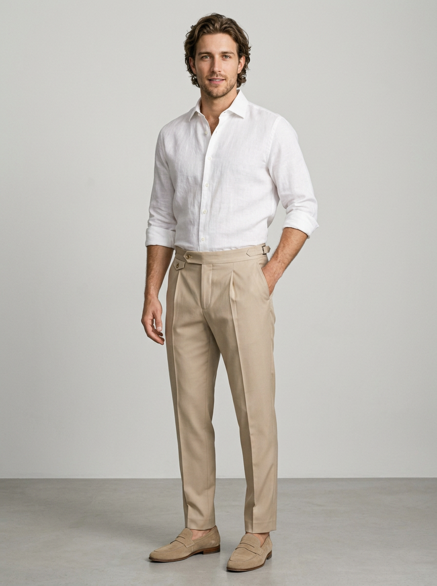 Men's Tailored Pleated Smart Trousers in Beige – three-quarter view
