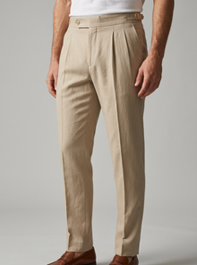 Men's Tailored Pleated Smart Trousers in Beige – detail view