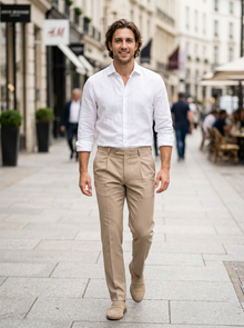 Men's Tailored Pleated Smart Trousers in Beige – lifestyle shot