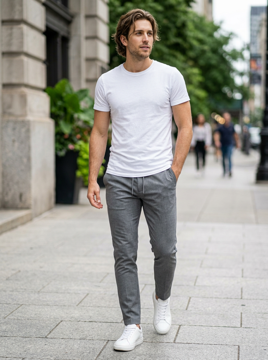 Men's Slim Fit Tapered Drawstring Trousers in Grey – lifestyle shot