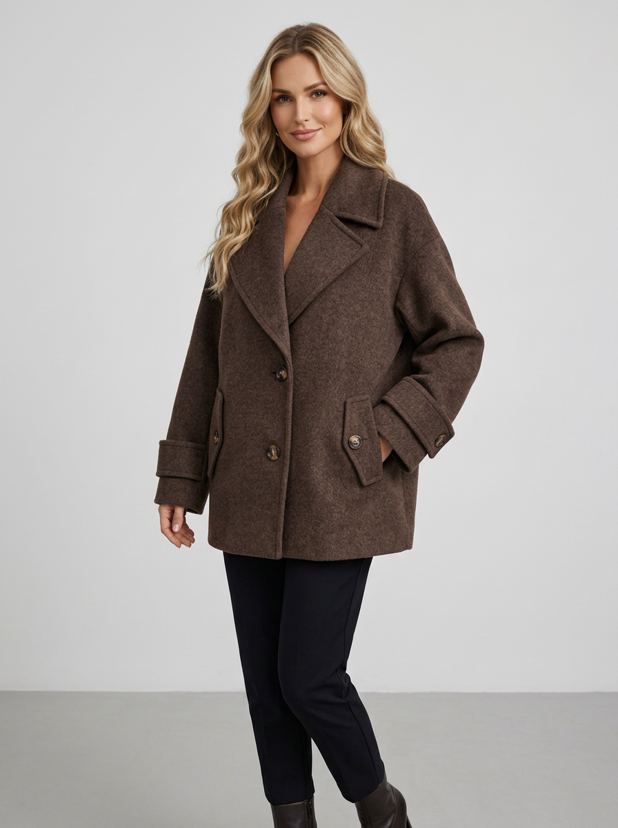 Women's Alpaca Wool Blend Coat in Coffee – front view