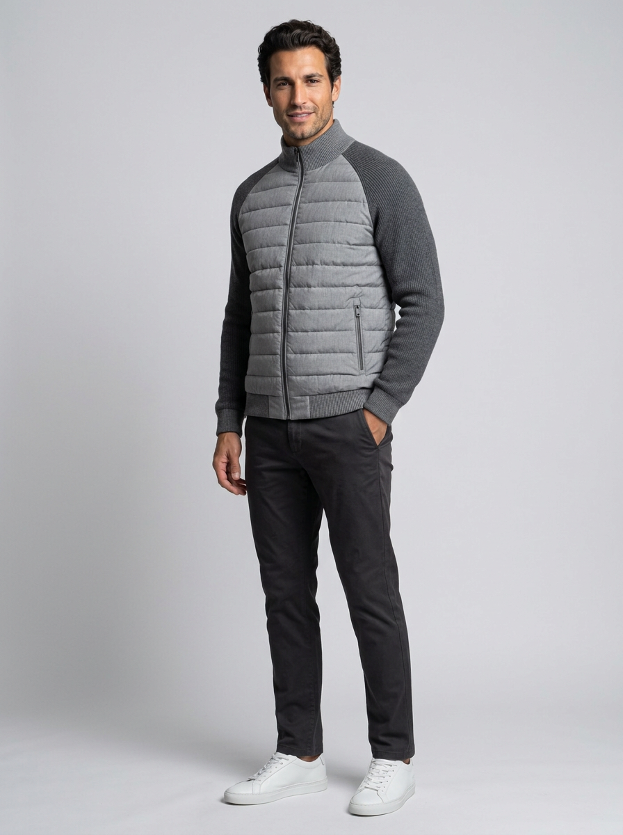 Men's Quilted Stand Collar Puffer Jacket in Grey