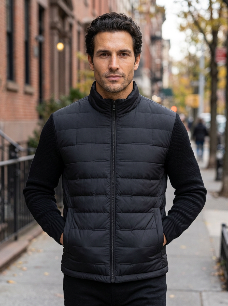 Men's Quilted Stand Collar Puffer Jacket in Black – lifestyle shot