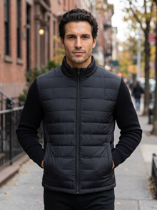Men's Quilted Stand Collar Puffer Jacket in Black – lifestyle shot