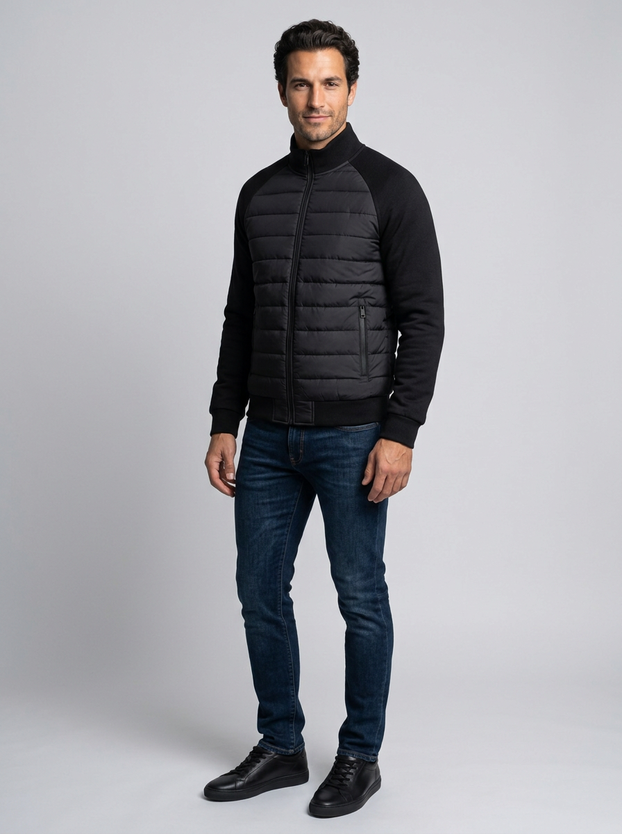 Men's Quilted Stand Collar Puffer Jacket in Black – front view