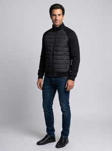Men's Quilted Stand Collar Puffer Jacket in Black – three-quarter view