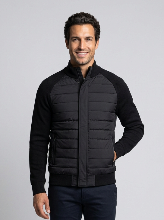 Men's Quilted Stand Collar Puffer Jacket in Black – front view