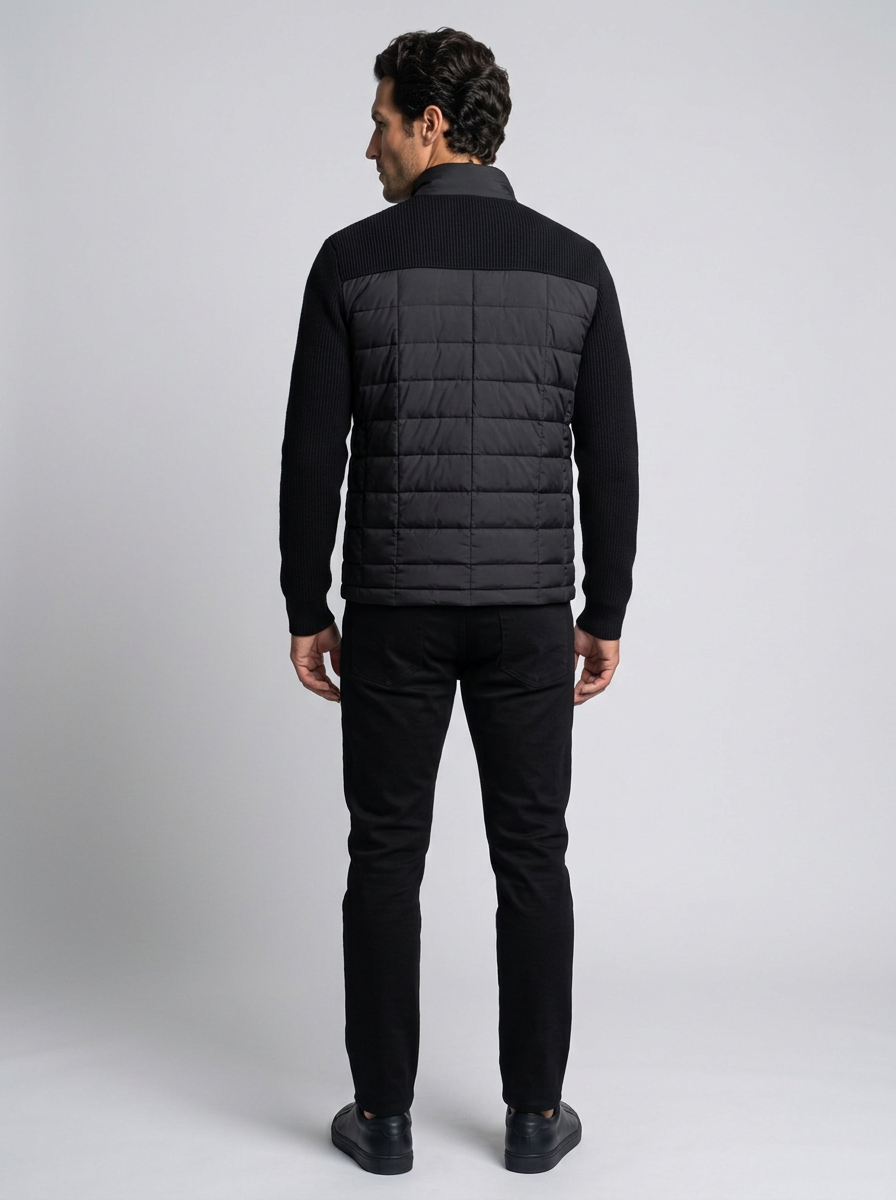 Men's Quilted Stand Collar Puffer Jacket in Black – back view