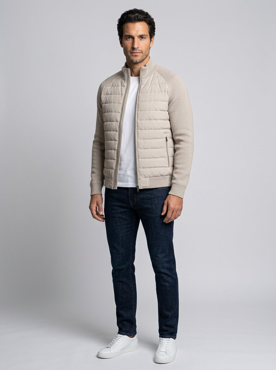 Men's Quilted Stand Collar Puffer Jacket in Beige