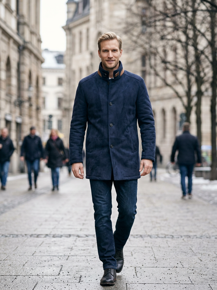Men's Suede-Look Stand Collar Coat in Navy – lifestyle shot