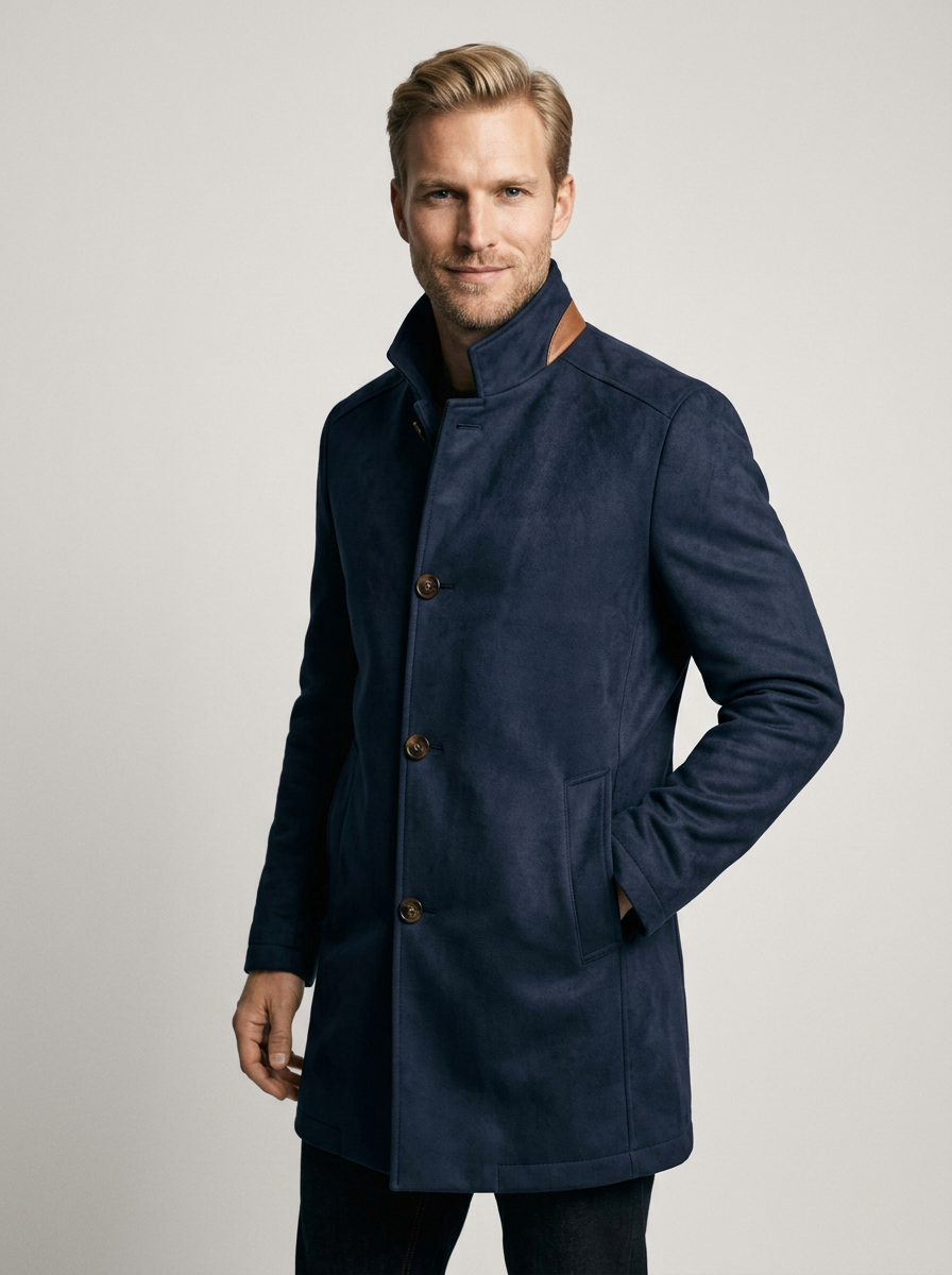 Men's Suede-Look Stand Collar Coat in Navy – front view