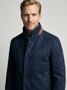 Men's Suede-Look Stand Collar Coat in Navy – detail view