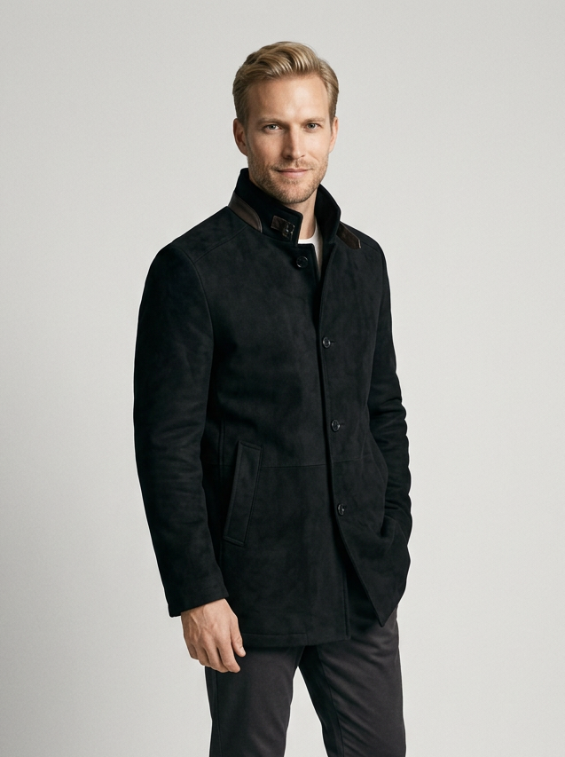 Men's Suede-Look Stand Collar Coat in Black