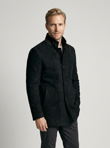 Men's Suede-Look Stand Collar Coat in Black