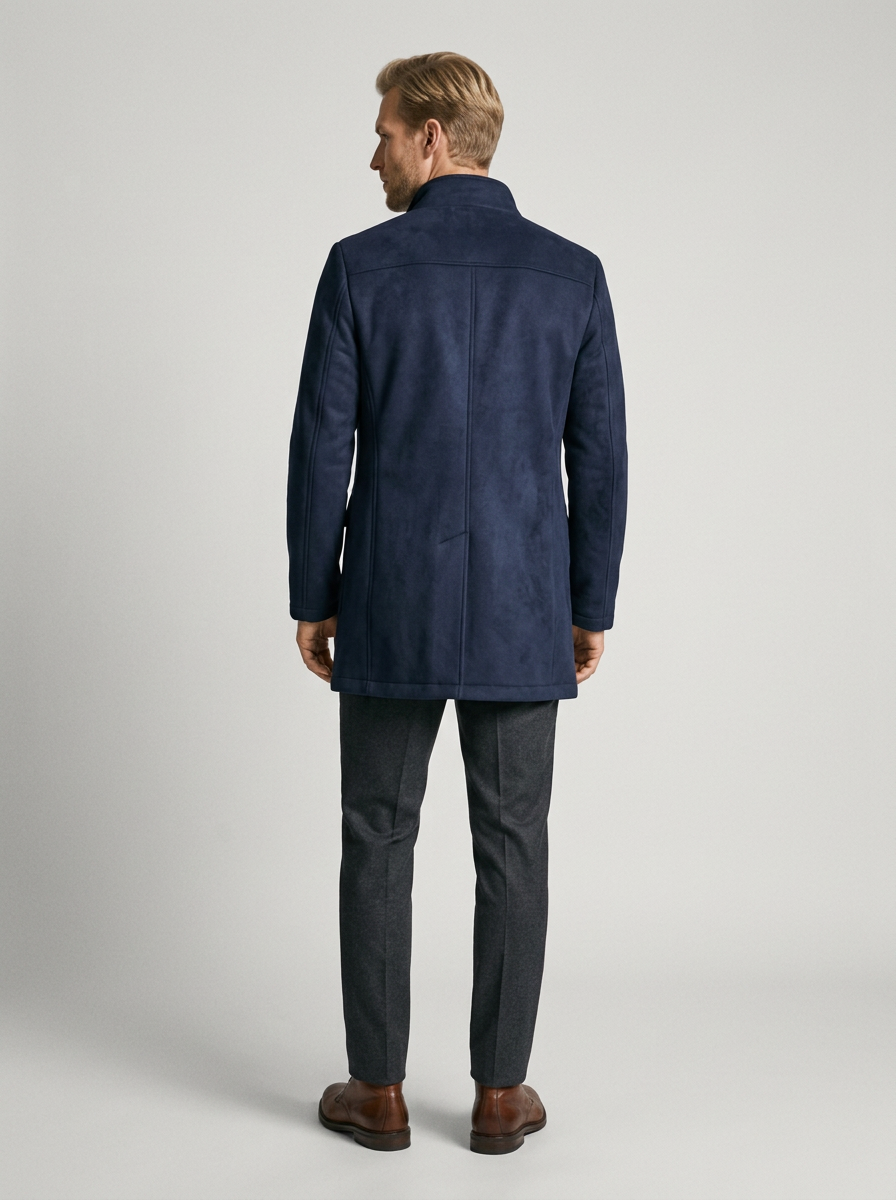 Men's Suede-Look Stand Collar Coat in Navy – back view