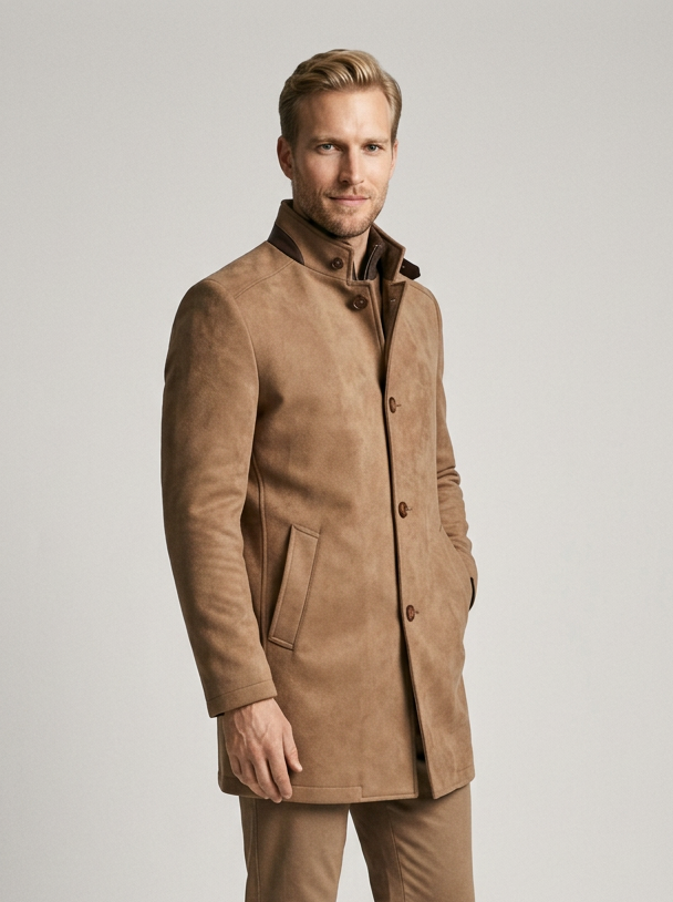 Men's Suede-Look Stand Collar Coat in Light Brown