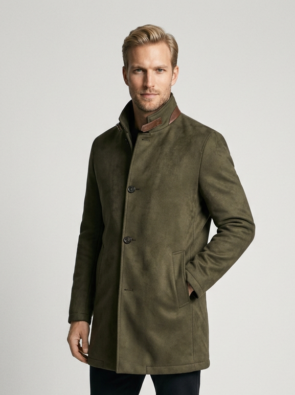 Men's Suede-Look Stand Collar Coat in Olive Green