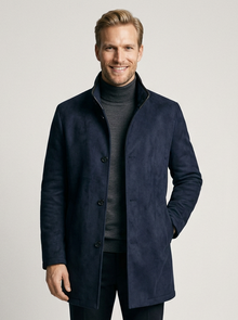 Men's Suede-Look Stand Collar Coat in Navy – front view