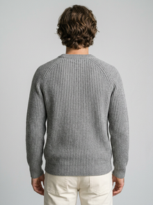 Men's Heavyweight Fisherman Rib Jumper in Grey – back view