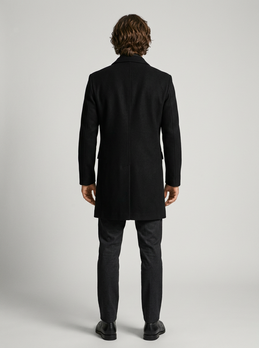 Men's Tailored Stand Collar Overcoat in Black – back view