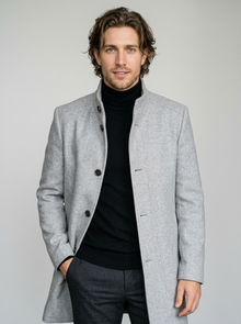 Men's Tailored Stand Collar Overcoat in Light Grey