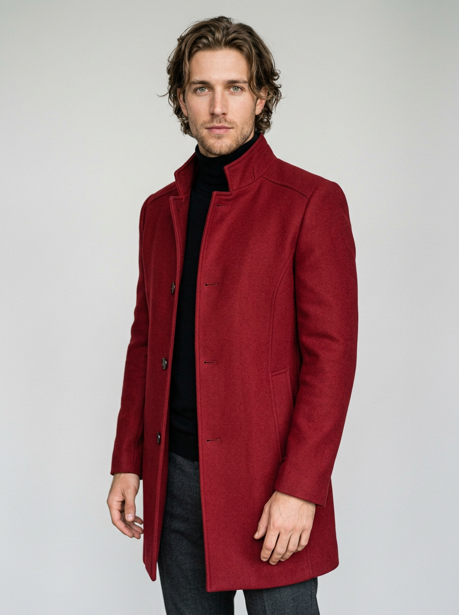 Men's Tailored Stand Collar Overcoat in Red