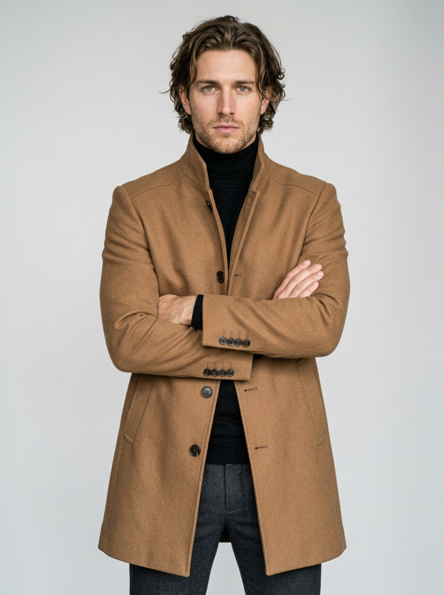 Men's Tailored Stand Collar Overcoat in Light Brown