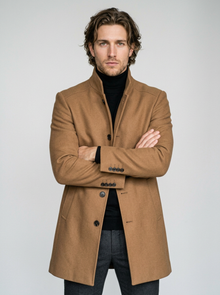 Men's Tailored Stand Collar Overcoat in Light Brown