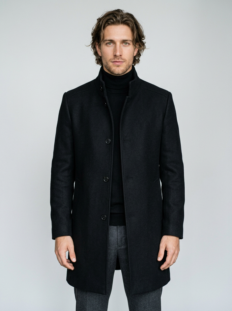 Men's Tailored Stand Collar Overcoat in Black – front view