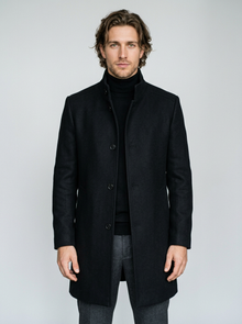 Men's Tailored Stand Collar Overcoat in Black – front view