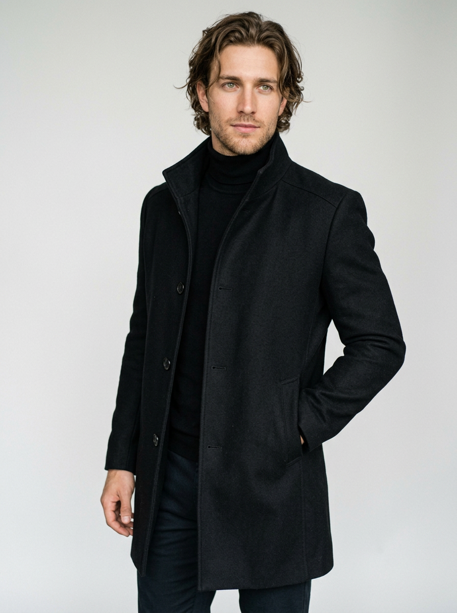 Men's Tailored Stand Collar Overcoat in Black – front view